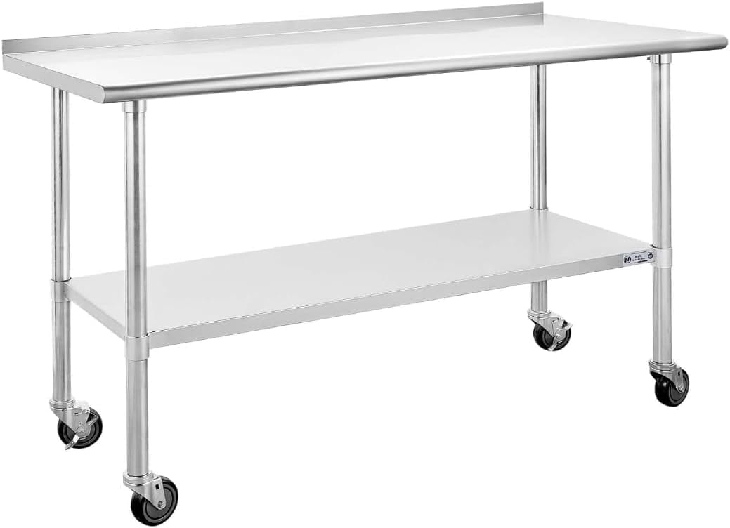 Stainless Steel Table for Prep & Work with Backsplash,Kitchen Work Table,Metal Commercial Kitchen Heavy Duty Table with 4 Caster Wheels for Restaurant,Home and Hotel