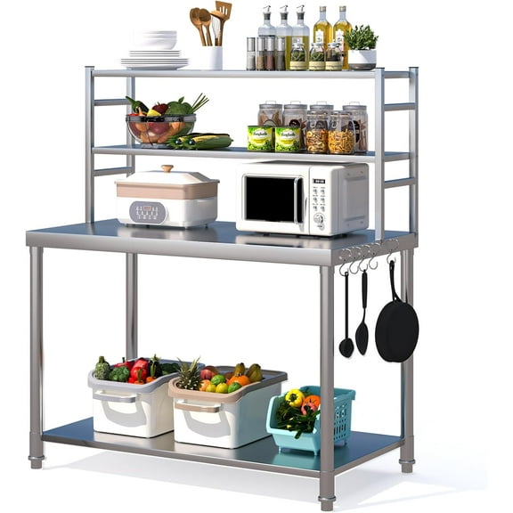 Stainless Steel Table with Shelves 48"x24" Prep Table for Kitchen Steel Countertop with 2 Adjustable Tier Overshelves Worktable Workbench for Home Restaurant (Large)