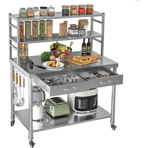 Stainless Steel Table with Shelves and Drawer 48"x24" Prep Table for Kitchen Steel Countertop with 2 Adjustable Tier Overshelves Work Tables Workbench for Home Restaurant Garage