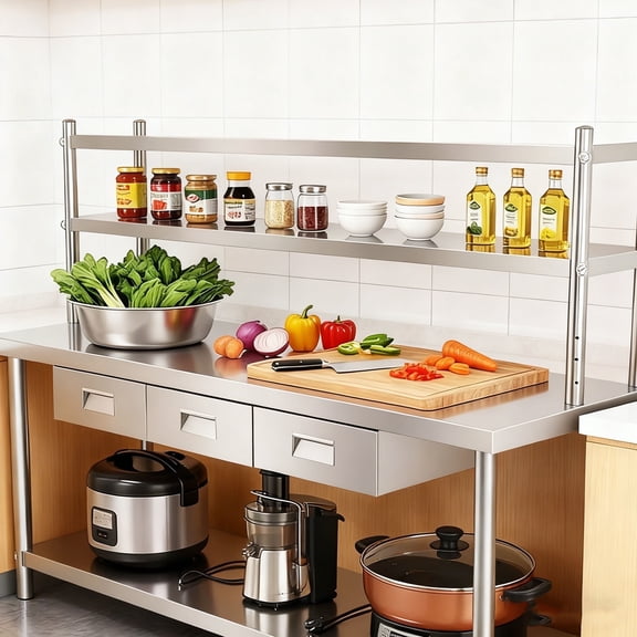 Stainless Steel Table with Shelves and Drawers, 72" X23.6" X53.6" Commercial Work Tables with 2 Tier Overshelves, Metal Kitchen Prep  Island Table for Home Restaurant Garage, Commercial Workbench
