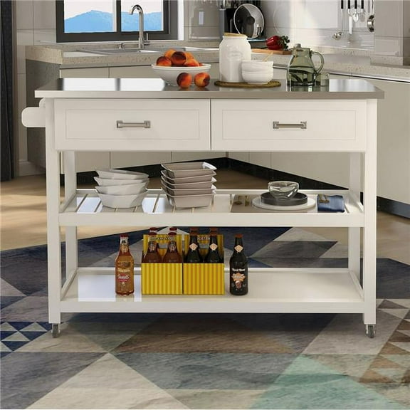 Stainless Steel Table Top Kitchen Cart with Two Drawers, White