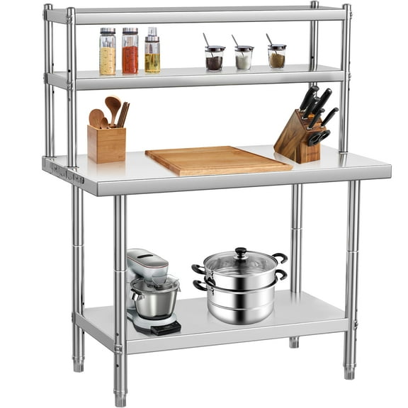 Stainless Steel Table with Double Overshelves, 30" X 24"/36" X 24"/48" X 24" Work Table with Shelf, 2 Tier Shelf for Prep & Work Table in Restaurant