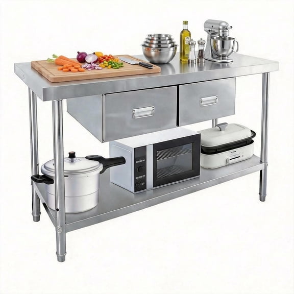 Stainless Steel Table with Drawers, 48x24 Inch Commercial Work Table with Lower Shelf, Heavy Duty Metal Prep Bench for Restaurant Kitchen Garage