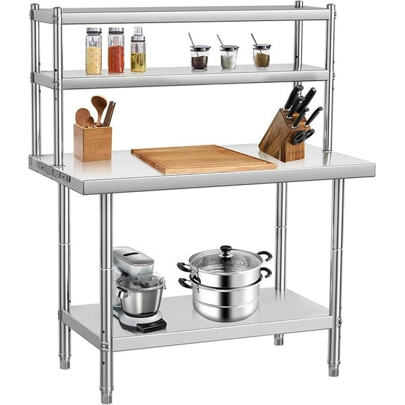 Stainless Steel Table with Overshelves, 30" X 24" Commercial Work Table with 30" X 12" Shelf, Metal Kitchen Prep Table & Shelving Combo