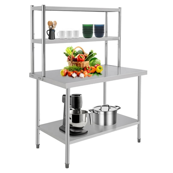Stainless Steel Table with Overshelves, Work Table with Shelf, Metal Table Prep Table for Home Kitchen Restaurant Garage Warehouse