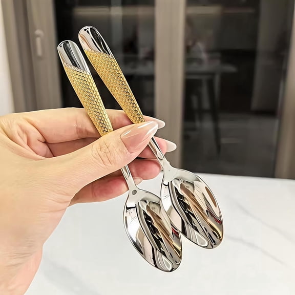 Stainless Steel Tablespoons Set of 2, 20 cm Long Handle Dining Spoons, Gold Textured Handle, Mirror Polished Premium Flatware