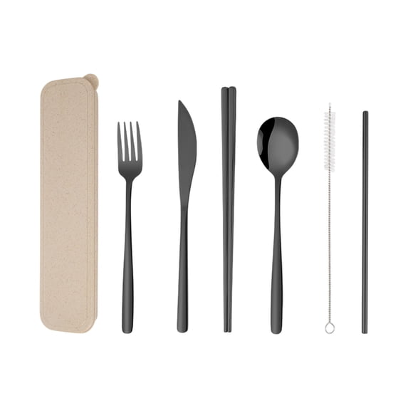 Stainless Steel Tableware Set with Knife Fork Spoon Chopsticks Straw and Brush in Storage Bag 7 Pcs for Camping and Travel