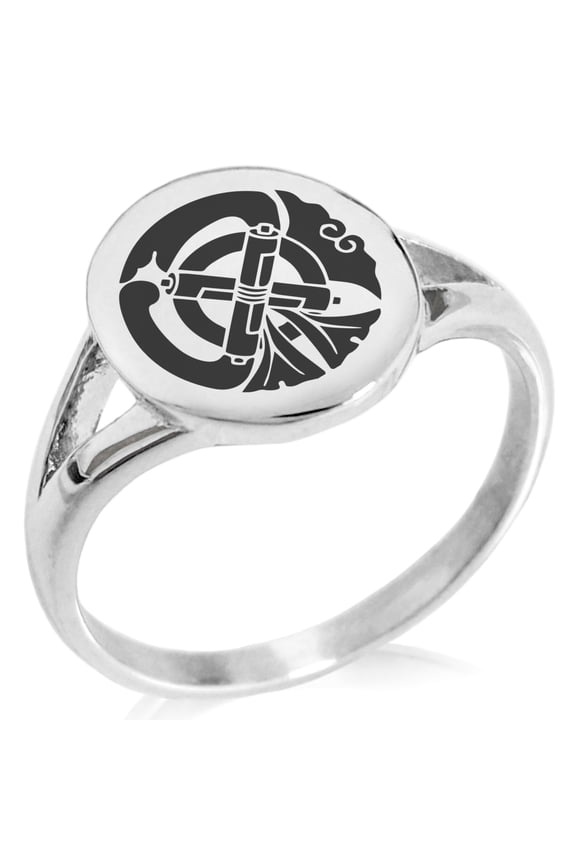 Stainless Steel Tachibana Samurai Crest Minimalist Oval Top Polished Statement Signet Ring