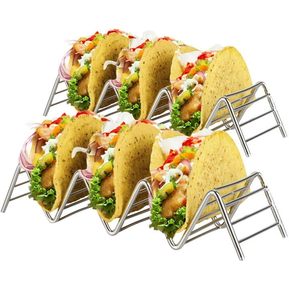 Stainless Steel Taco Holder Stand: 2 Wire Metal Tray Holders For Serving Up Soft & Hard Shell Food Truck Style Tacos - Wider, Fun Grill, Oven & Dishwasher Safe Taco Trays Great for Kids or Parties