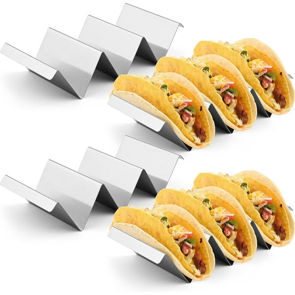 Stainless Steel Taco Holder Stand, Set of 4 - Stylish Rack Holds Up to 3 Tacos Each, Keeping Shells Upright - Oven, Grill and Dishwasher Safe