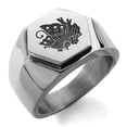 thumbnail image 1 of Tioneer Stainless Steel Taira Ageha Samurai Crest Engraved Hexagon Crest Flat Top Biker Style Polished Ring, 1 of 1