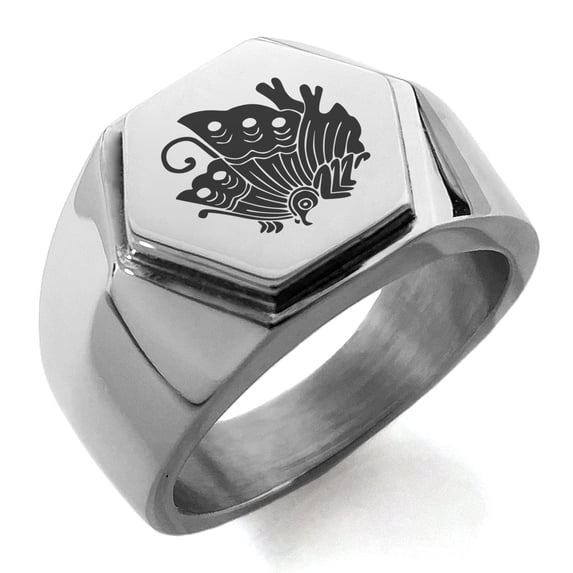 Tioneer Stainless Steel Taira Ageha Samurai Crest Engraved Hexagon Crest Flat Top Biker Style Polished Ring