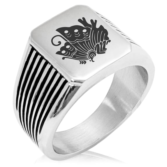 Stainless Steel Taira Ageha Samurai Crest Needle Stripe Pattern Biker Style Polished Ring
