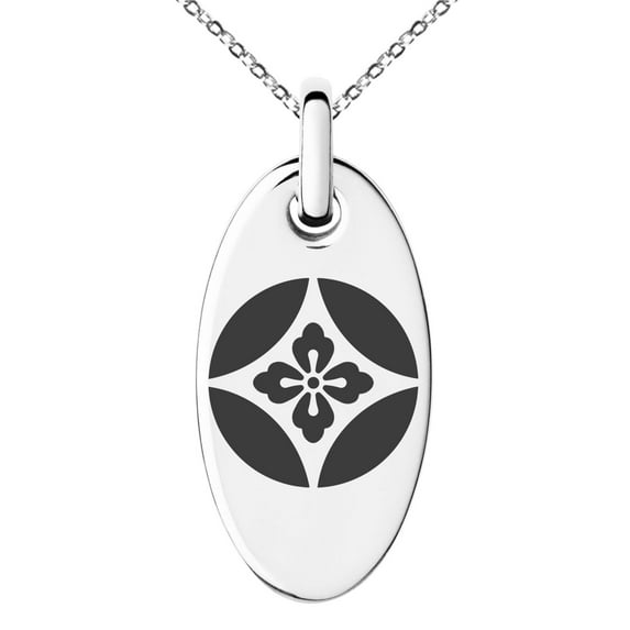 Stainless Steel Takahashi Samurai Crest Engraved Small Oval Charm Pendant Necklace