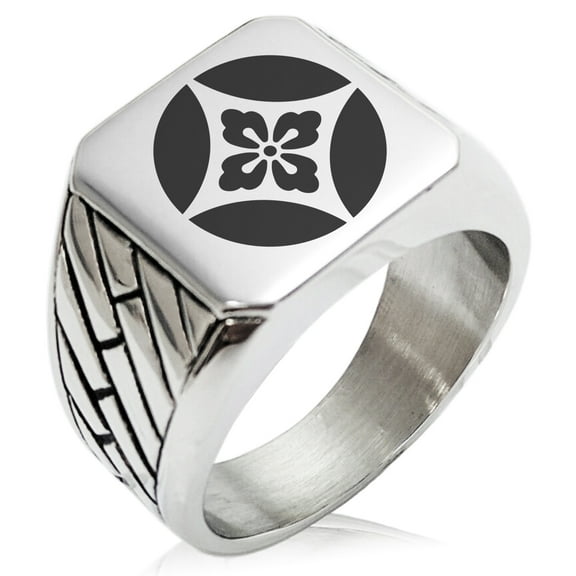 Stainless Steel Takahashi Samurai Crest Geometric Pattern Biker Style Polished Ring