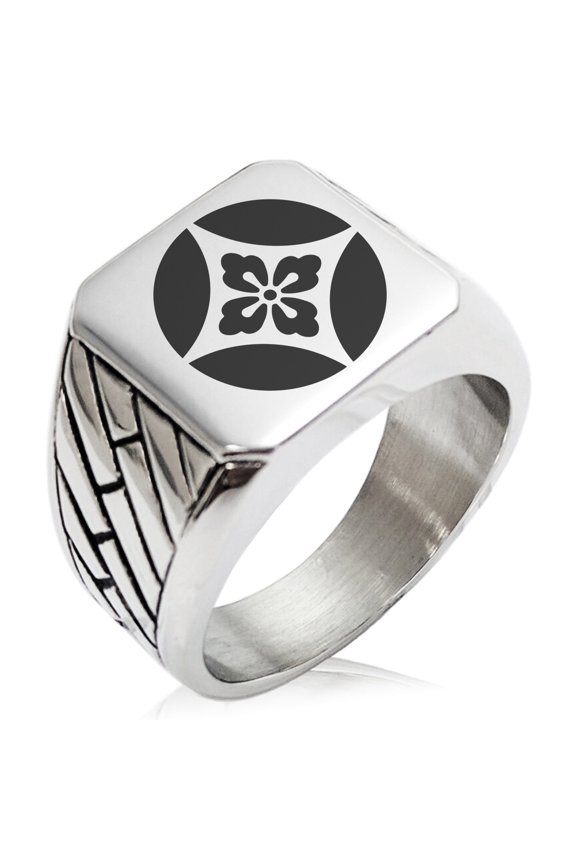 Stainless Steel Takahashi Samurai Crest Geometric Pattern Biker Style Polished Ring