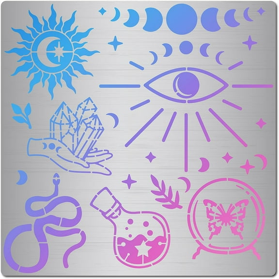 Stainless Steel Tarot Sun Stencil Journal Stencils Witch Evil's Eye Snake Moon Hand Metal Stencil Reusable Template for Painting Wall Canvas Furniture Pyrography Engraving Crafts grey