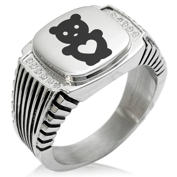 Tioneer Stainless Steel Teddy Bear Love CZ Ribbed Needle Stripe Pattern Biker Style Polished Ring