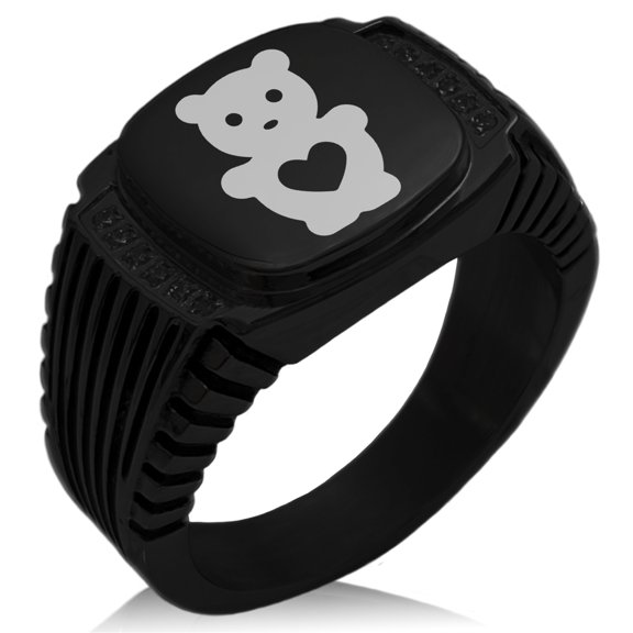 Stainless Steel Teddy Bear Love CZ Ribbed Needle Stripe Pattern Biker Style Polished Ring