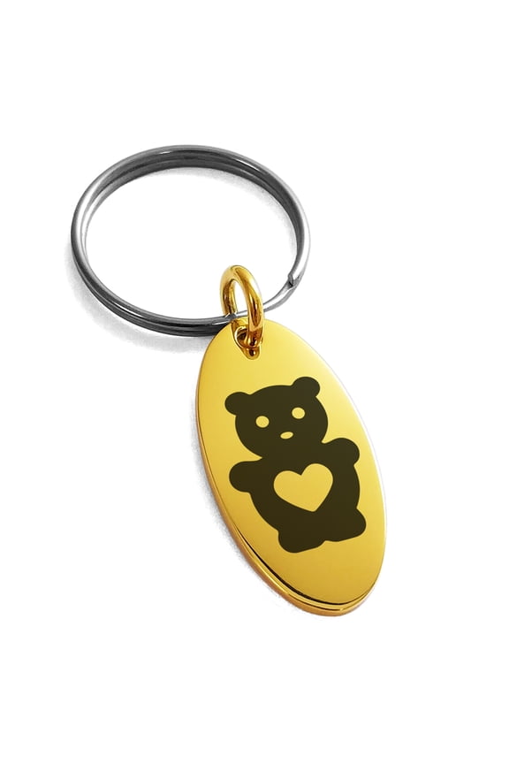 Stainless Steel Teddy Bear Love Engraved Small Oval Charm Keychain Keyring
