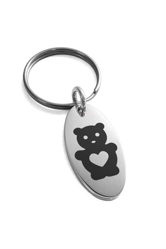 Stainless Steel Teddy Bear Love Engraved Small Oval Charm Keychain Keyring
