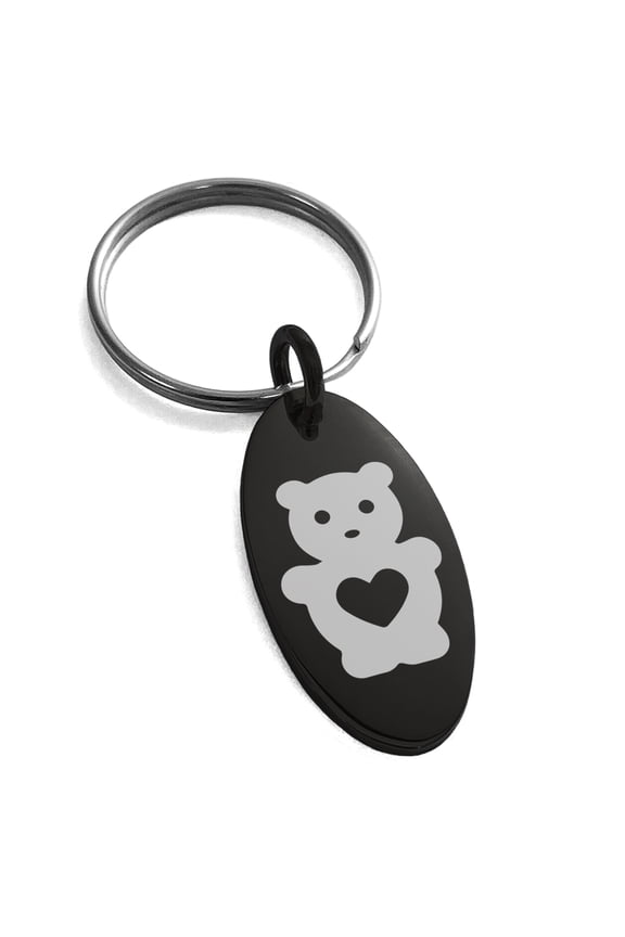 Stainless Steel Teddy Bear Love Engraved Small Oval Charm Keychain Keyring