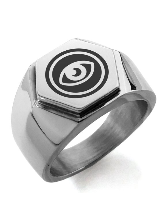 Stainless Steel Telekinesis Element Rune Engraved Hexagon Crest Flat Top Biker Style Polished Ring