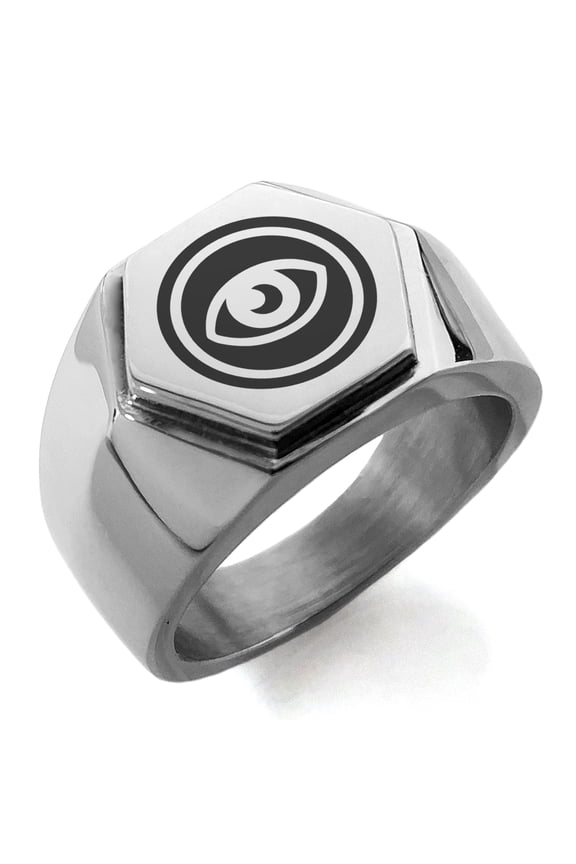 Stainless Steel Telekinesis Element Rune Engraved Hexagon Crest Flat Top Biker Style Polished Ring