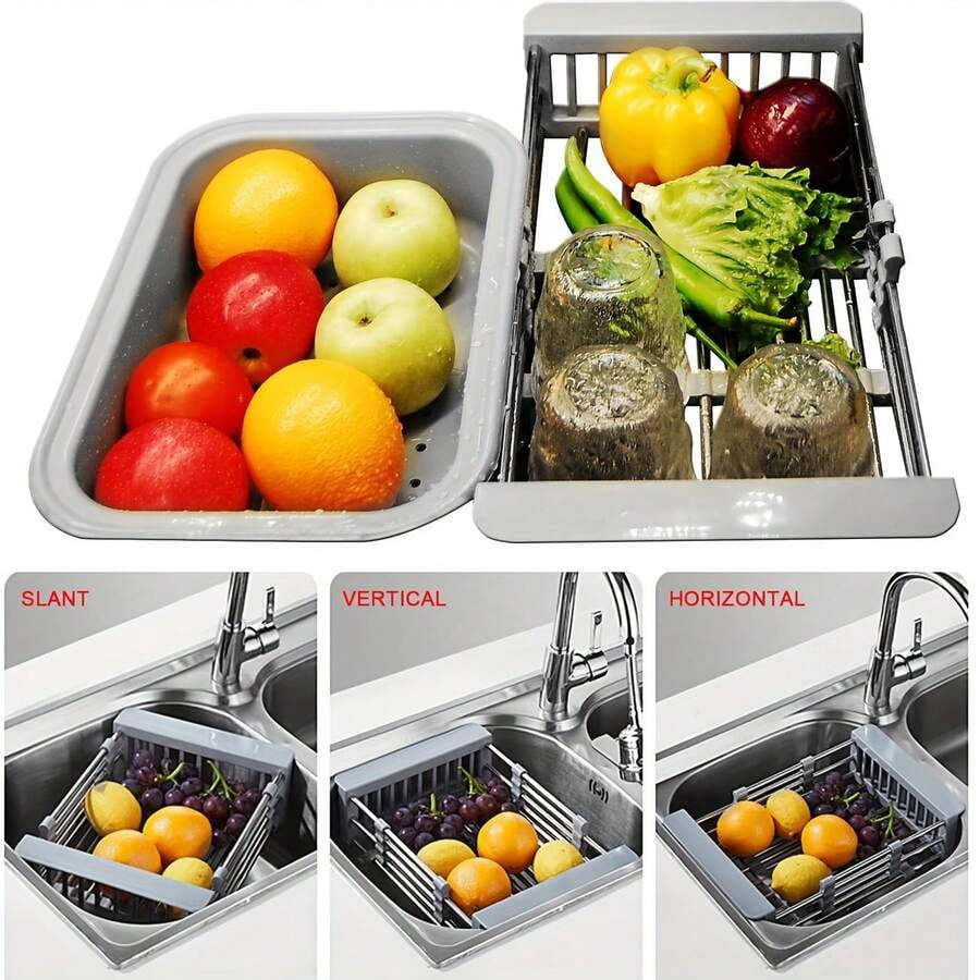 Stainless Steel Telescopic Drainage Basket, Kitchen Drainage Rack, Sink, Household Fruit And Vegetable Washing Basket, Dish Drying Rack