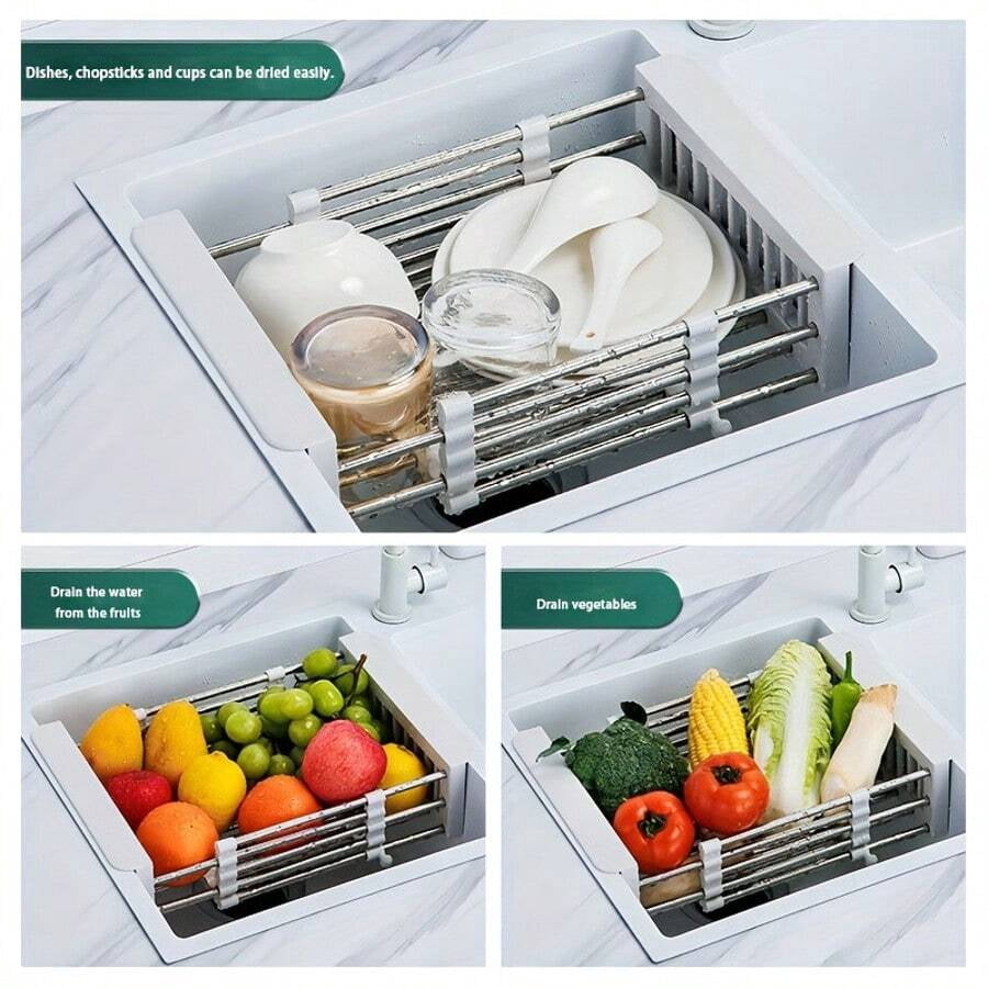 Stainless Steel Telescopic Drainage Basket, Kitchen Drainage Rack, Sink, Household Fruit And Vegetable Washing Basket, Dish Drying Rack