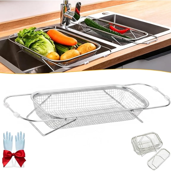 Stainless Steel Telescopic Drainer Basket Adjustable with Handles,Small | Expandable Drain Strainer Kitchen, Adjustable Stainless Steel Over-Sink Dish Drying Rack For Washing Fruits and Vegetables