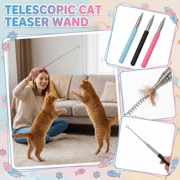 Stainless Steel Telescopic Interactive Cat Teaser Wand, 31.5In Length (80Cm) Black, Free Extendable Long Pole For Cat Entertainment & Exercise