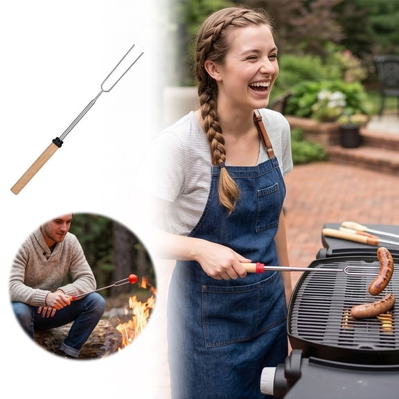 Stainless Steel Telescoping Barbecue Fork Extendable Grilling Skewer for Outdoor Cooking Camping Backyard BBQs(wood-31.5cm)