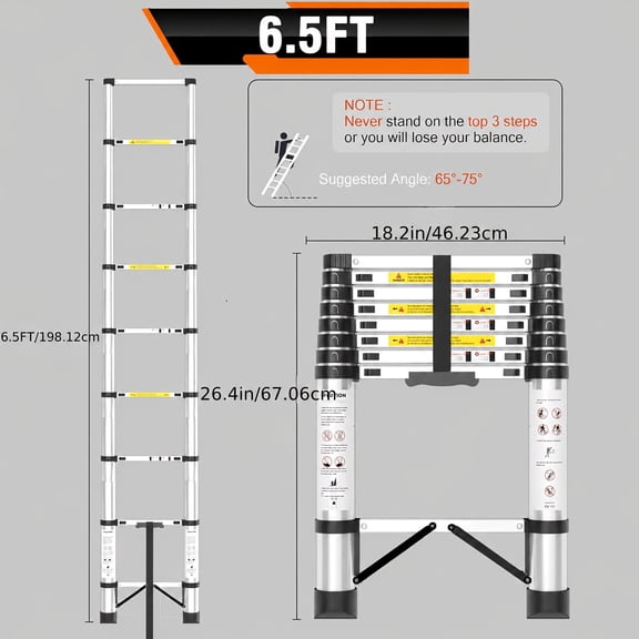 Stainless Steel Extension Ladder 6.5FT Heavy Duty Telescoping Ladder with Non-Slip Feet, 400 Lbs Load Capacity for Household And Outdoor Work