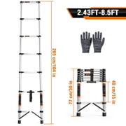 Stainless Steel Telescoping Ladder   8.5FT Extension Ladder, Portable Folding Design, Non-Slip Feet, Gloves for Indoor & Outdoor Work