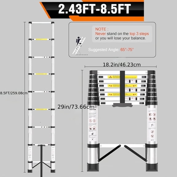Stainless Steel Telescoping Ladder  8.5FT Extension Ladder, Portable Folding Design, Non-Slip Feet