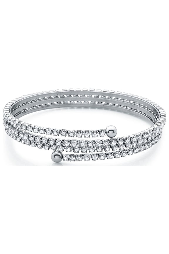 Stainless Steel Tennis Cuff Bracelet for Women,Rhinestone Stretch Bangle Cubic Zirconia Chain Cuff Wristband Silver Tennis Spring Bracelet Fashion Jewelry Adjustable