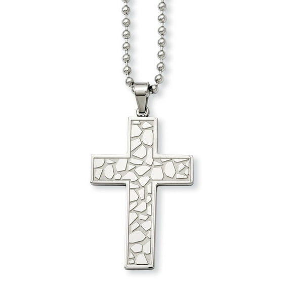 Stainless Steel Textured Cross Pendant 24inch Necklace - 24 Inch - Measures 32mm Wide