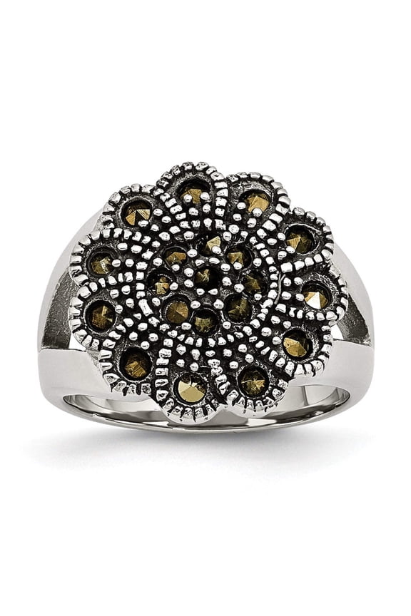 Stainless Steel Textured Flower Marcasite Ring