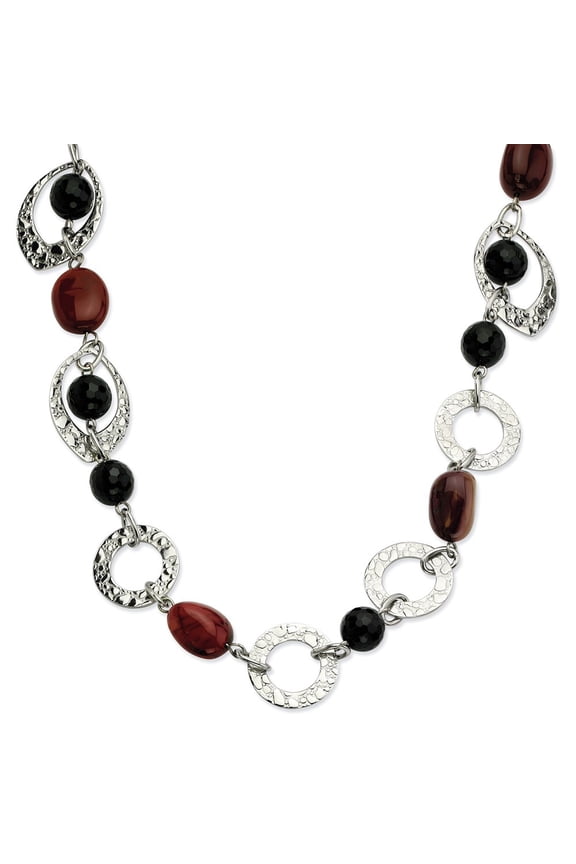 Stainless Steel Textured Ovals Simulated Onyx and Ocean Stone Necklace - 21 Inch