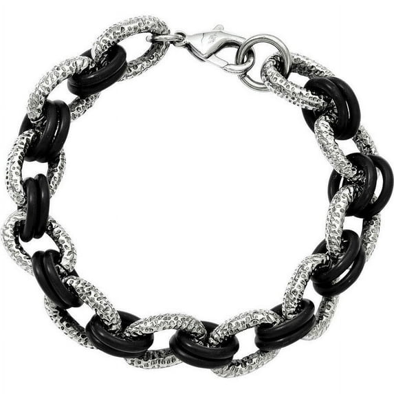 Stainless Steel Textured and Black Rubber Bracelet, 9