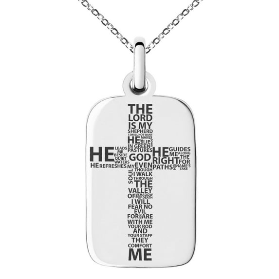 Stainless Steel The Lord is My Shepherd Psalm 23:1-4 Engraved Small Rectangle Dog Tag Charm Pendant Necklace