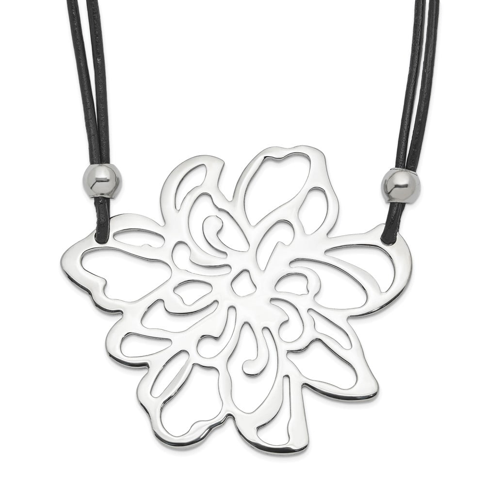 Stainless Steel Themed Necklace Chain Polished Flower w/Black Leather Cord 19.25 inch