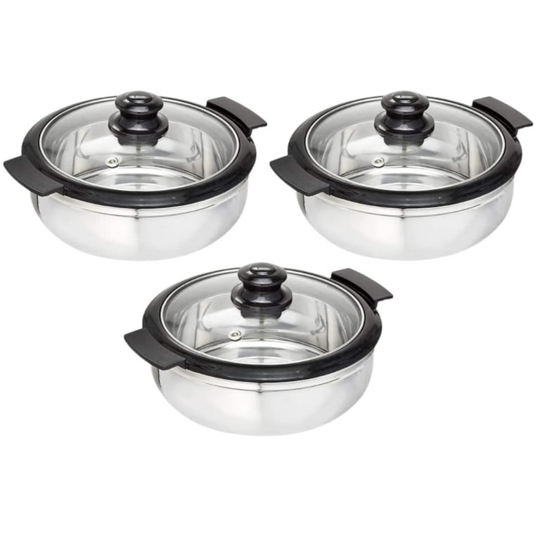 Stainless Steel Thermoware Casserole with Glass Lid| Hot Pot Roti Box with  Lid Set of 3 (4500 X 3Pcs)