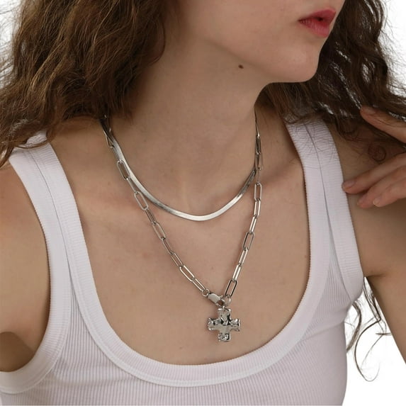 Stainless Steel Thick Crucifix Charm Necklace Layering Vintage Herringbone Snake Chain Costume Jewelry Gift For Her
