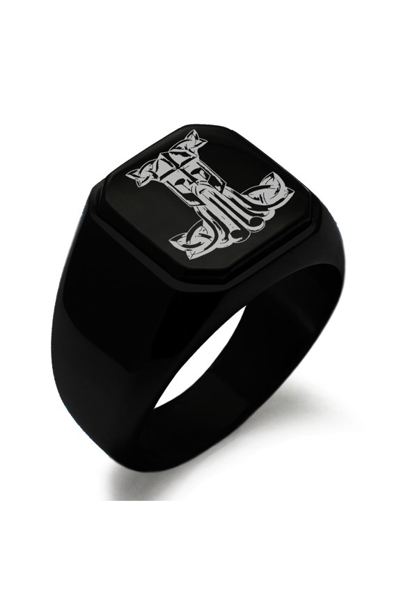 Stainless Steel Thor's Hammer Mjolnir Celtic Engraved Square Adult Flat Male Signet CZ Ring