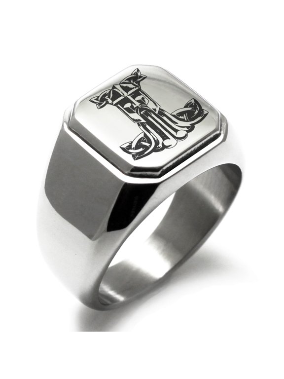Stainless Steel Thor's Hammer Mjolnir Celtic Viking Rune Engraved Square Flat Top Biker Style Polished Signet Ring