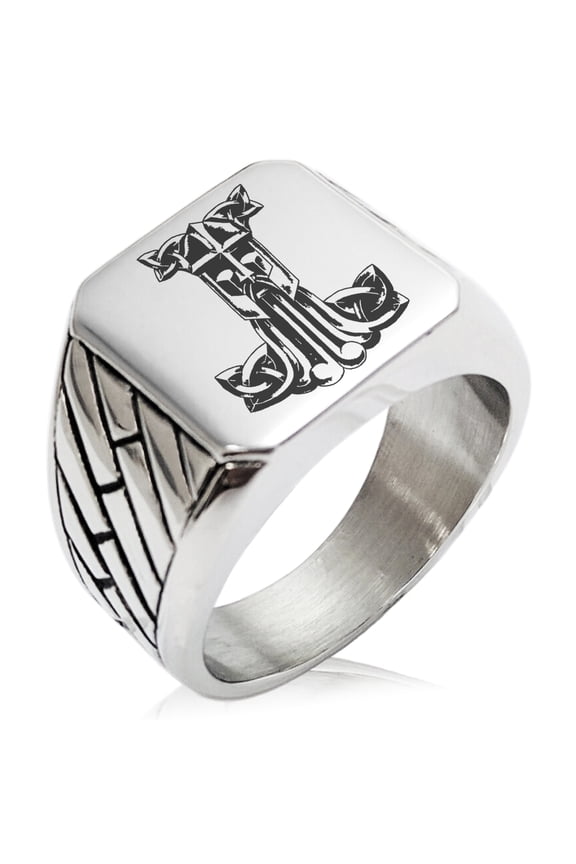 Stainless Steel Thor's Hammer Mjolnir Celtic Viking Rune Geometric Pattern Biker Style Polished Ring