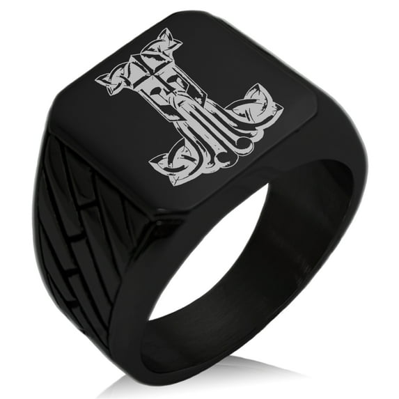 Tioneer Stainless Steel Thor's Hammer Mjolnir Celtic Viking Adult Rune Geometric Pattern Male Biker Style Polished Ring