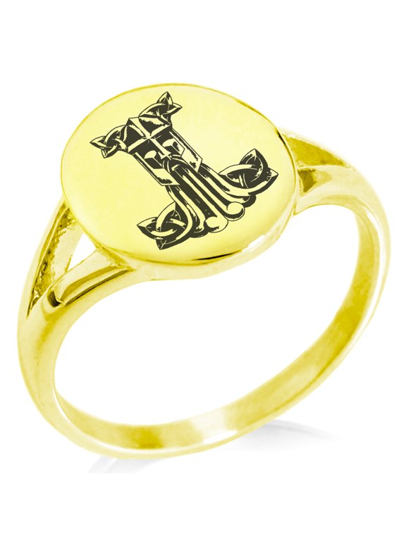 Stainless Steel Thor's Hammer Mjolnir Celtic Viking Rune Minimalist Oval Top Polished Statement Signet Ring